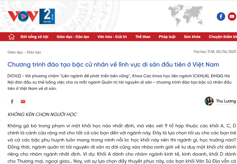 Trang tin VOV2: NGÀNH QUẢN TRỊ TÀI NGUYÊN DI SẢN