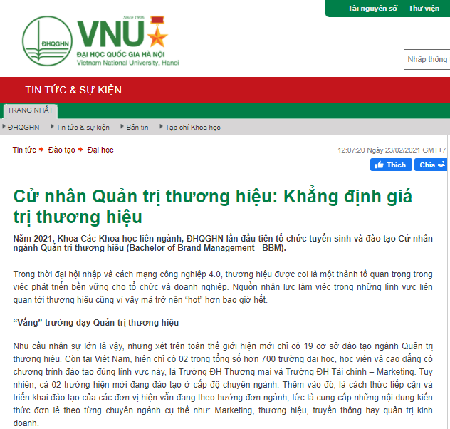 Trang tin VNU: CỬ NHÂN QUẢN TRỊ THƯƠNG HIỆU, KHẲNG ĐỊNH GIÁ TRỊ THƯƠNG HIỆU
