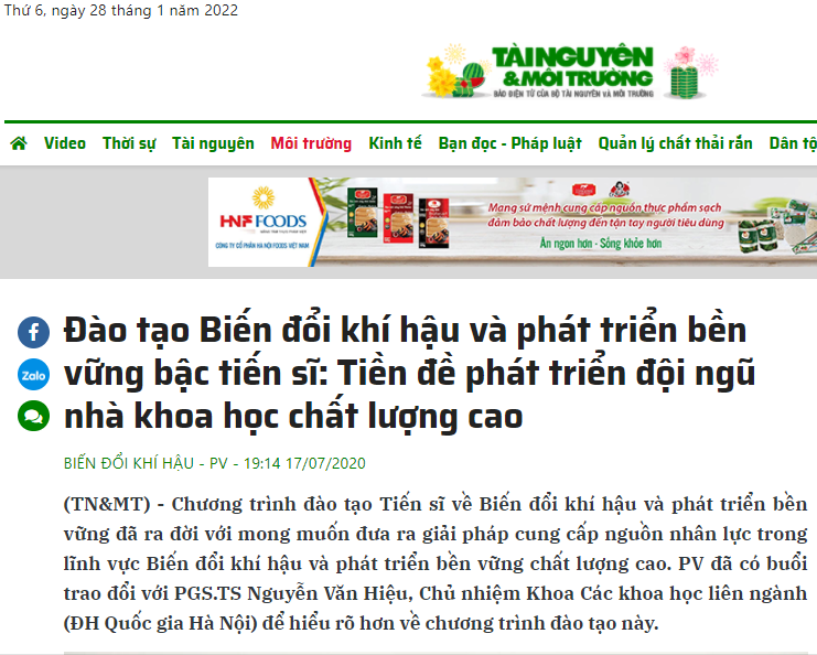 Báo điện tử Bộ Tài nguyên&Môi trường: PHÁT TRIỂN ĐỘI NGŨ NHÀ KHOA HỌC CHẤT LƯỢNG CAO CỦA LĨNH VỰC BIẾN ĐỔI KHÍ HẬU