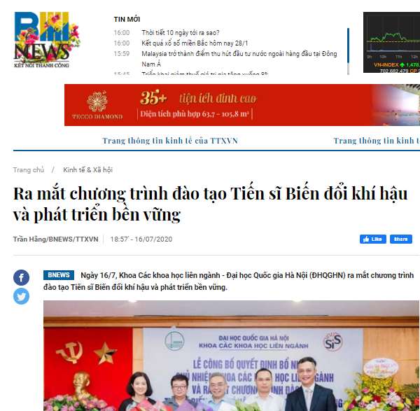Báo điện tử BNews: RA MẮT CHƯƠNG TRÌNH TIẾN SĨ BIẾN ĐỔI KHÍ HẬU&PHÁT TRIỂN BỀN VỮNG