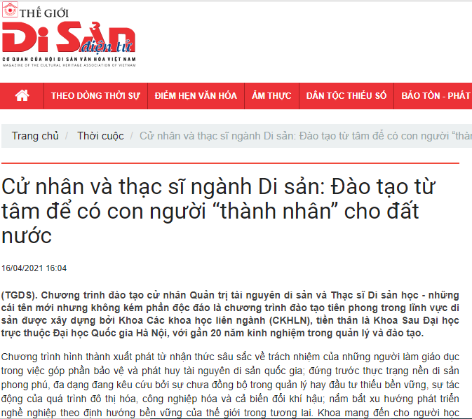 Tạp chí Thế giới Di sản: CỬ NHÂN VÀ THẠC SĨ NGÀNH DI SẢN, ĐÀO TẠO TỪ TÂM ĐỂ CÓ CON NGƯỜI "THÀNH NHÂN" CHO ĐẤT NƯỚC