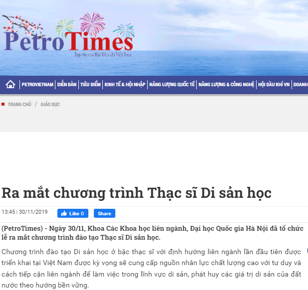 Tạp chí Hội dầu khí Việt Nam: RA MẮT CHƯƠNG TRÌNH THẠC SĨ DI SẢN HỌC