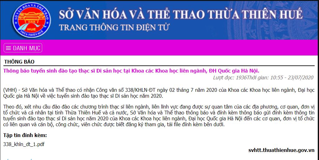Trang tin SVHTT Thừa Thiên Huế: VỀ TUYỂN SINH THẠC SĨ DI SẢN HỌC