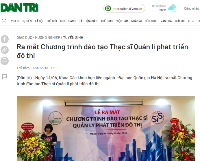 Báo Dân trí: RA MẮT CTĐT THẠC SĨ QUẢN LÍ PHÁT TRIỂN ĐÔ THỊ