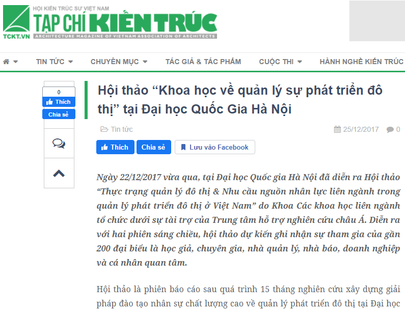 Tạp chí Kiến trúc: HỘI THẢO KHOA HỌC VỀ QUẢN LÝ SỰ PHÁT TRIỂN ĐÔ THỊ TẠI ĐHQGHN