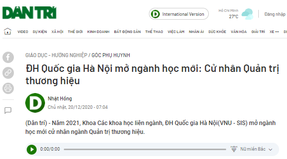 Báo Dân trí: ĐHQGHN MỞ NGÀNH HỌC MỚI "CỬ NHÂN QUẢN TRỊ THƯƠNG HIỆU"