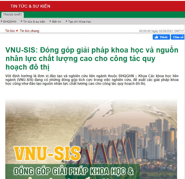 Trang tin ĐHQGHN: VNU-SIS ĐÓNG GÓP GIẢI PHÁP KHOA HỌC VÀ NGUỒN NHÂN LỰC CHẤT LƯỢNG CAO CHO CÔNG TÁC QUY HOẠCH ĐÔ THỊ