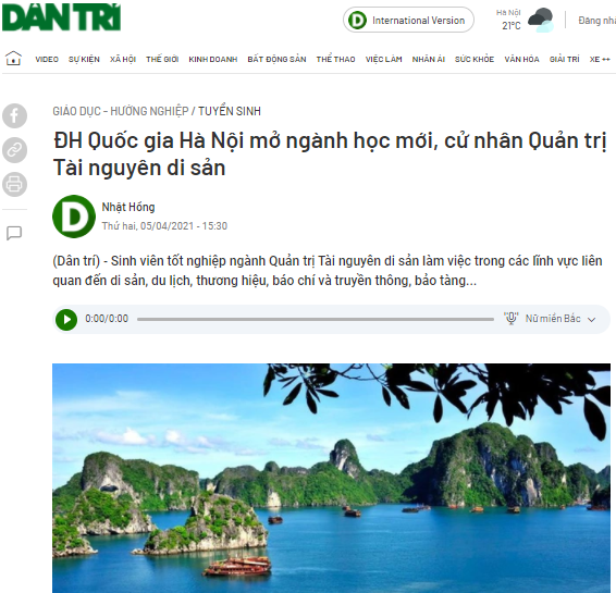 Báo Dân trí: ĐHQGHN MỞ NGÀNH HỌC MỚI, CỬ NHÂN QUẢN TRỊ TÀI NGUYÊN DI SẢN