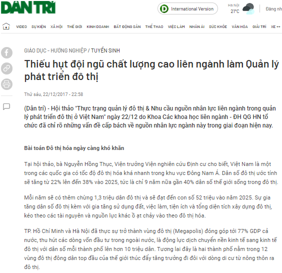 Báo Dan trí: THIẾU HỤT ĐỘI NGŨ CHẤT LƯỢNG CAO LIÊN NGÀNH LÀM QUẢN LÍ PHÁT TRIỂN ĐÔ THỊ
