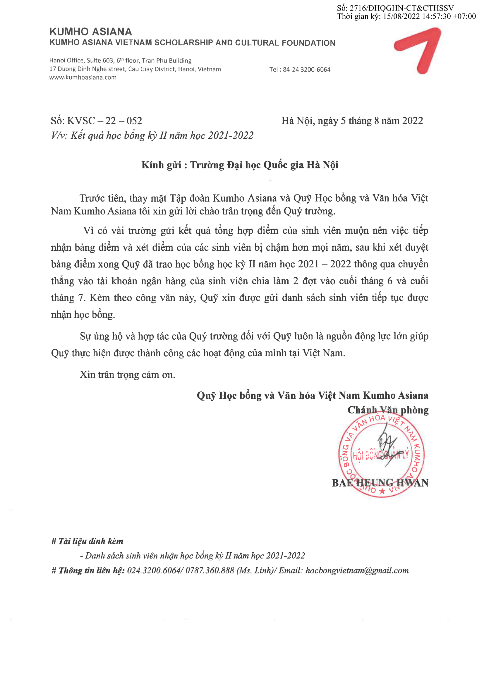 Học bổng Kumho Asiana trao cho 3 sinh viên Quản trị thương hiệu QH2021